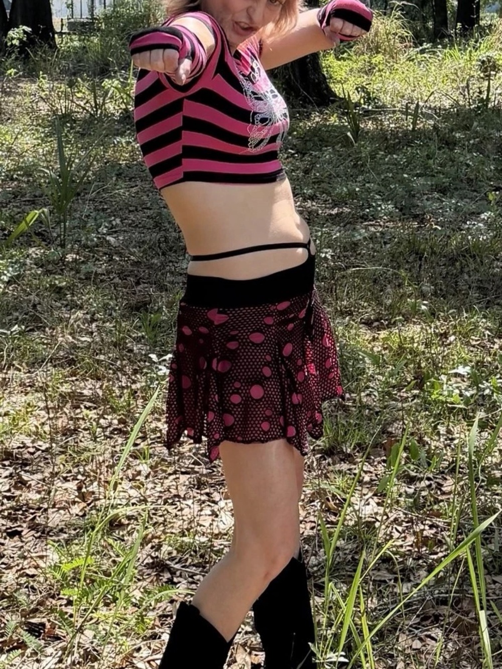 SHEIN Black and Pink Polka Dot Mesh Layered Skort & cropped top with rhinestones - Picture 2 of 6